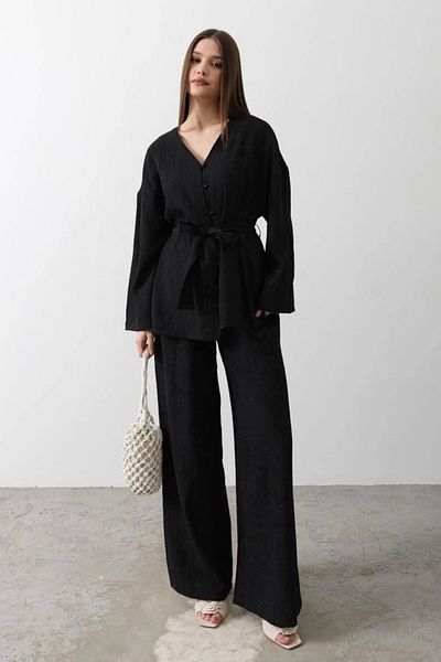 nedo7 Tunic with Tie Waist and Trousers with Tie Waist Set - Black