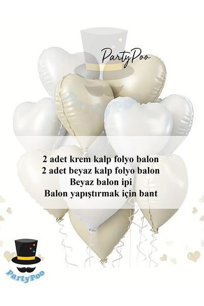 PartyPoo Cream White Heart Foil Balloon Set 4 Pieces Birthday Bride to Be Balloons