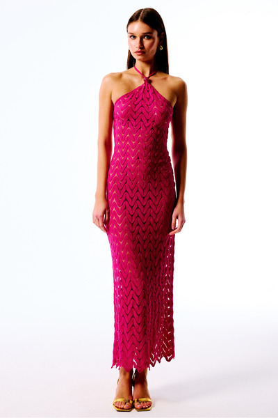 Love On Friday ELLORA Boncuk Detaylı Halter Yaka Örgü Uzun Elbise (Fuşya)