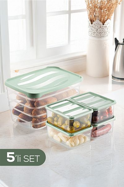 Vienev Set of 5 Freezer and Microwave Safe Refrigerator Organizer 1X(5 Liters) 4X(775 ml) Mint Green