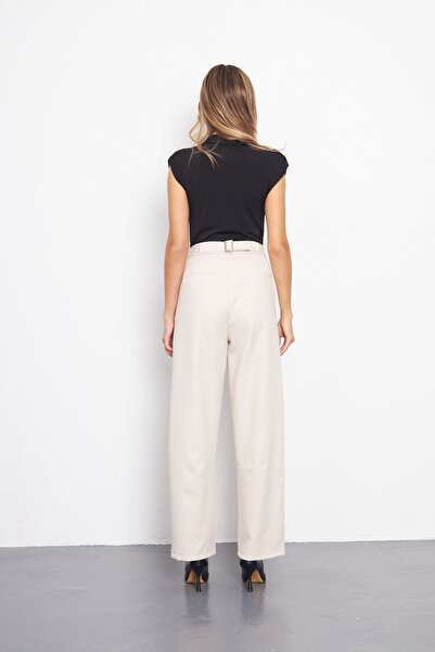 Shield Life Kumas Baggy BEJ Tokalı Kadın Pantolon Süper Yüksek Bel Siyah Pantolon Şıklığın anahtarı Tokalı Date