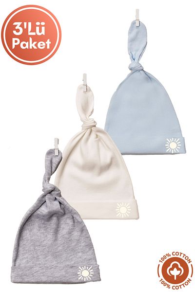 Miniel Unisex Baby Sun Printed Tie-Up Combed Organic Cotton Newborn 3-Piece Baby Beanie Set