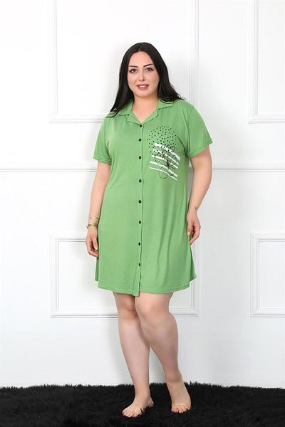 Celira Large Size Combed Cotton Buttoned Green Tunic Nightgown 1025