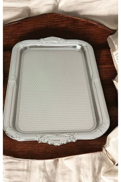 LeesHome Decorative Embroidered Patterned Silver Square Presentation Tray Promise Engagement Tray 38X24 cm