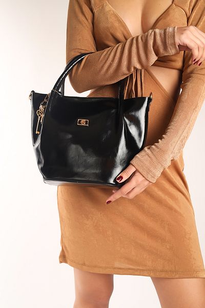 Moda Lime Women's Shiny Patent Leather Black Medium Size Stylish Bag with Accessory Detail
