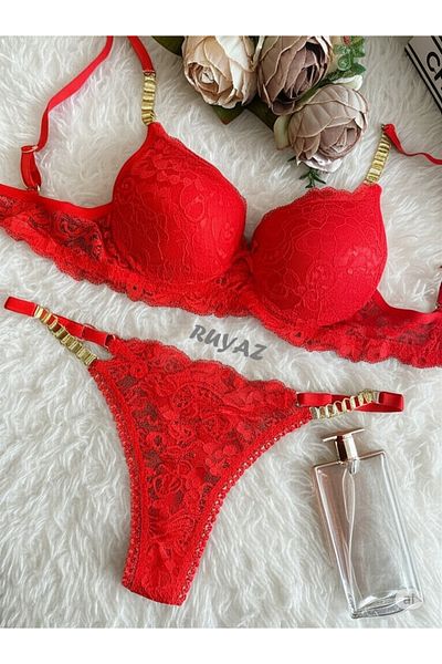RUYAZ Red Lace and Gold Chain Detailed Padded Bra Panty Set
