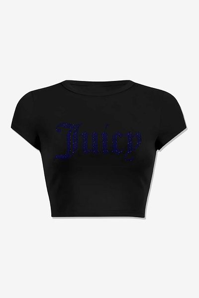 3 ROPE Juicy Rhinestone Blue Stone Printed 100% Cotton Crop Black