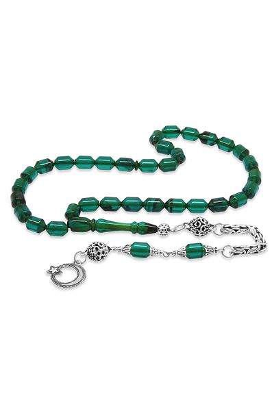 Tesbihane Non-Tarnish Metal King Chain Tasseled Tip Capsule Cut Turquoise-Black Fire Amber Rosary