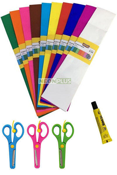 NEON PLUS Krapon Kağıdı 10 Renk 50x200 cm Grapon 1 Adet Makas, 1 Adet Yapıştı...