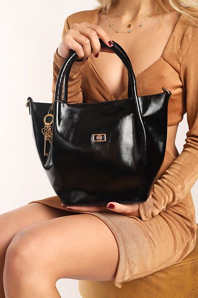 Moda Lime Women's Shiny Patent Leather Black Medium Size Stylish Bag with Accessory Detail
