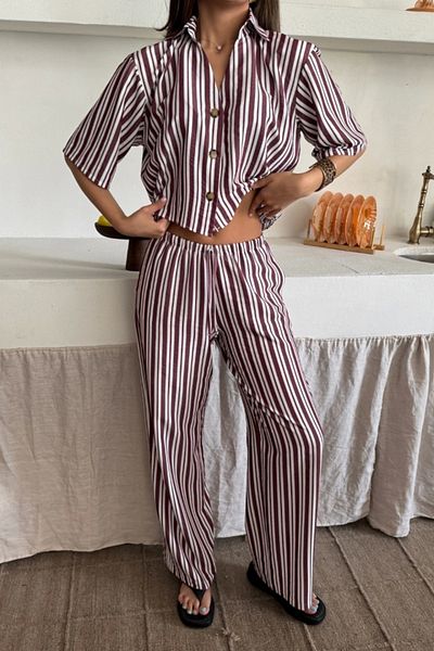 nedo7 Striped Crop Shirt - Loose Pants Suit Modal - Claret Red