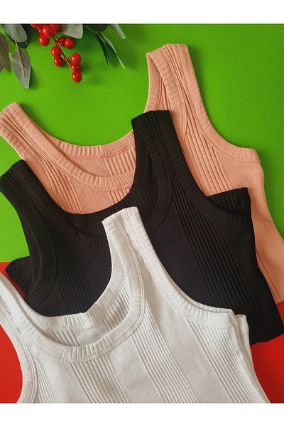 Demirsa Boutique Cotton Combed Camisole Fabric Thick Strap Oval Neck 3-Pack Powder, Black and White Women's T-Shirt Undershirt