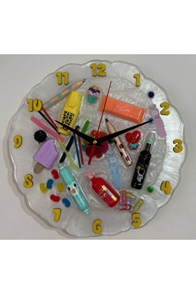 Pelince Kıds - Renkli Malzemelerle Dolu Epoksi Çocuk Odası Duvar Saati - Sarı...