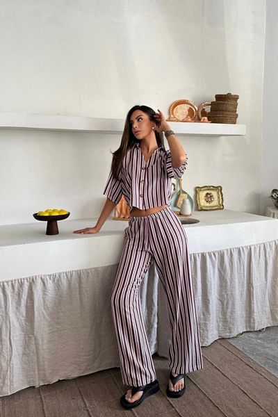 nedo7 Striped Crop Shirt - Loose Pants Suit Modal - Claret Red