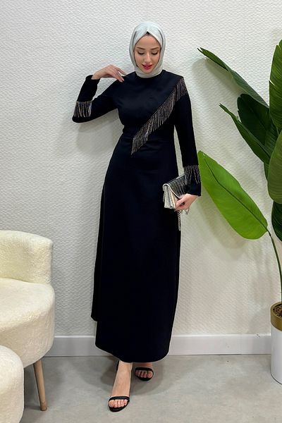 Abiye Diyarı Women's Crepe Fabric Chain Evening Dress-Black