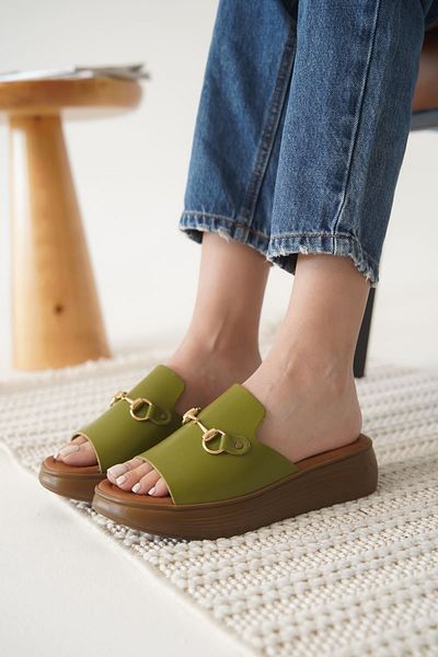 EMOYRA Nelly Khaki Green Genuine Leather Slippers