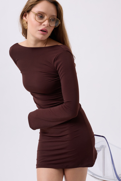 Clu Maelis Kahverengi Sırt Dekolteli Mini Elbise