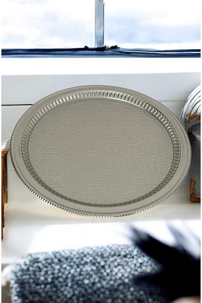LeesHome Decorative Embroidered Patterned Silver Round Presentation Tray Promise Engagement Tray 35X35 cm