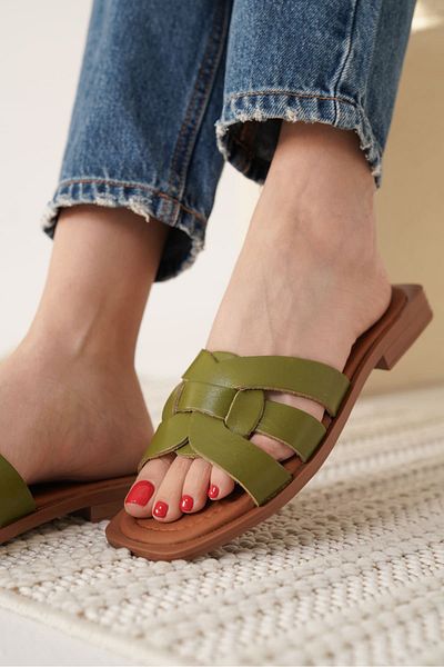EMOYRA Marlen Khaki Green Genuine Leather Slippers