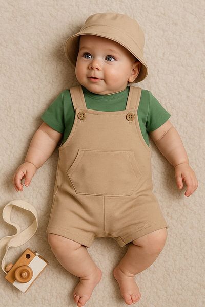 Minizade 3-Piece Set with Bucket Hat, 100% Cotton Fabric, T-Shirt and Slippers