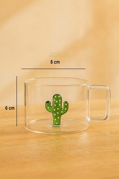 Jenisa 200 ml Borosilicate Glass Mug with Cactus Figure – Heat Resistant, Transparent Design