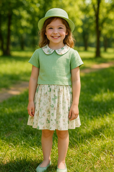 Hilal Akıncı Kids Floral patterned linen fabric pleated skirt set