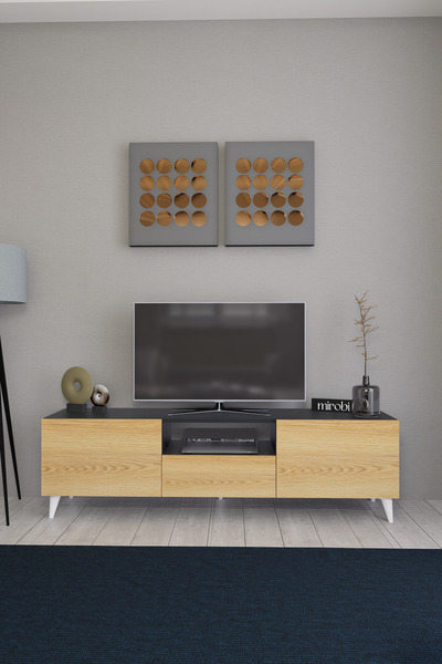 Mirobi Bravix Modern Tv Ünitesi 3 Bölmeli Tv Sehpası Gövde Antrasit Kapaklar Atlantik Çam
