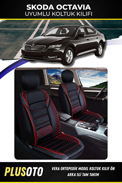 PlusOto سكودا اوكتافيا متوافق مع سلسلة فيرا أسود أحمر غطاء مقعد السيارة مجموع...
