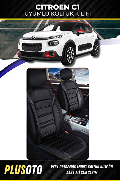 PlusOto Citroen C1 Compatible Vera Series Black Car Seat Cover Set of 5 M-43