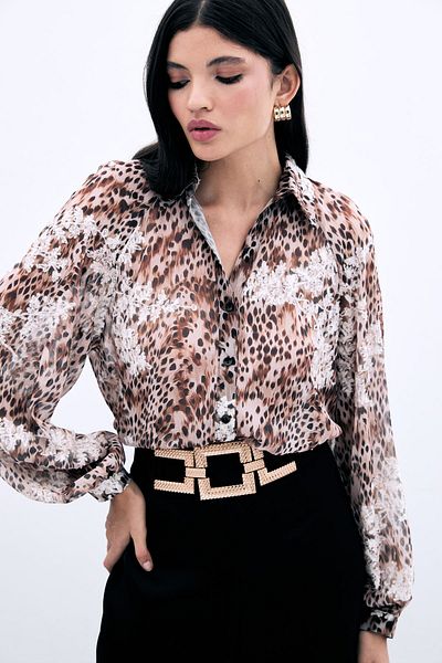 Sateen Leopard Print Embroidered Shirt - Mink