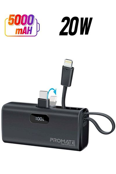 Promate Universal Power Bank with 5000mAh Capacity, Built-In Lightning Cable and Foldable USB-C Conn