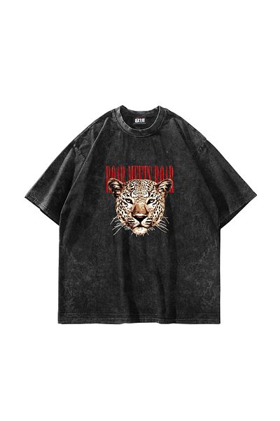 Sekizbiraltı Roar Meets Printed Oversize Unisex Washed Black Tshirt