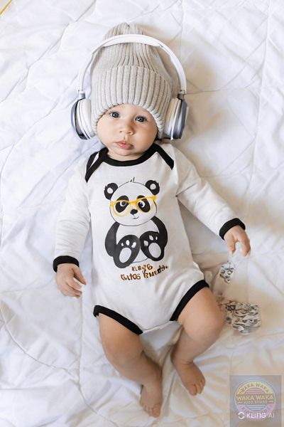 wakawakakidsstore Panda Themed 3-Piece Baby Set - Bodysuit + Pants + Eared Hat - Black - 6 Months