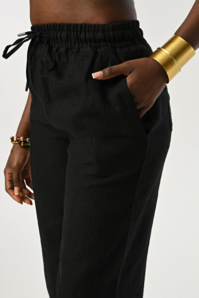 Orfeo Negro Women's Elastic Waist Comfortable Fit 100% Linen Solid Color Pants