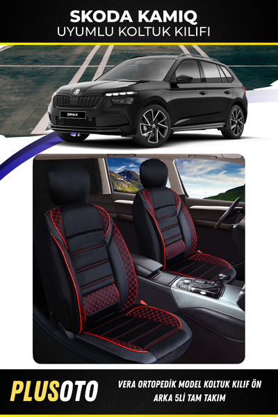 PlusOto سكودا كاميك متوافق مع سلسلة فيرا أسود أحمر غطاء مقعد السيارة مجموعة م...