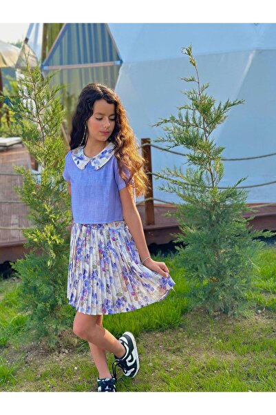 Hilal Akıncı Kids Costum din țesătură de in cu modele florale cu fustă plisată