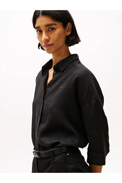 Tommy Hilfiger Kadın Düğme Kapama Çizgili Uzun Kol Pamuklu Siyah Gömlek WW0WW46169-BDS