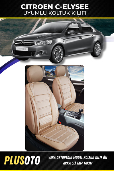 PlusOto مجموعة غطاء مقعد السيارة باللون البيج المتوافقة مع Citroen C-Elysee من سلسلة Vera مكونة من 5 قطع M-32