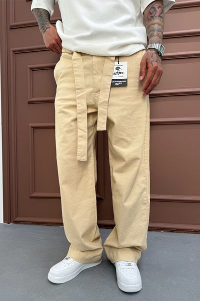 MADZEYMODA Ανδρικό παντελόνι με φαρδιά ζώνη Lycra Beige Gabardine