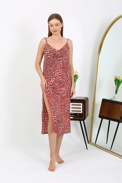 Celira Women's Long Shiny Micro Dress Nightdress with Rope Strap 7415 Red
