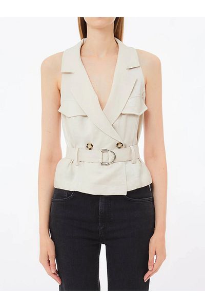 Liu Jo Women's V-Neck Button Closure Belt and Pocket Detailed Ecru Vest Wa5422T3406-20304