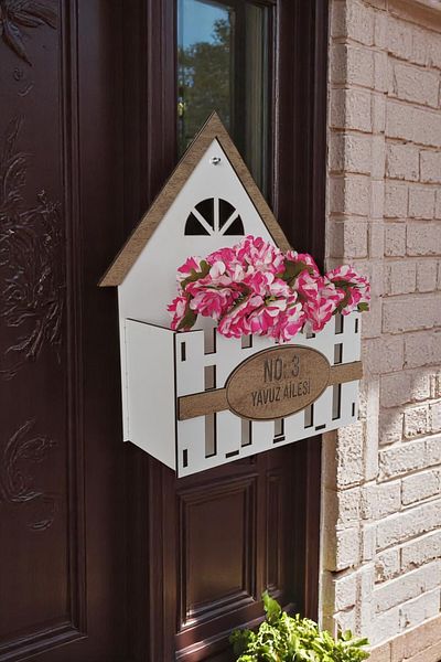 AHWALL Wooden Decorative Personalized, Customized Production Door Number with Flower Pot Area and Artificial Flowers