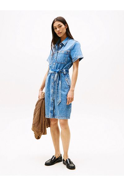 Tommy Hilfiger Women Short Sleeve Button Closure Shirt Collar Above Knee Length Navy Dress Ww0Ww44380-1A8