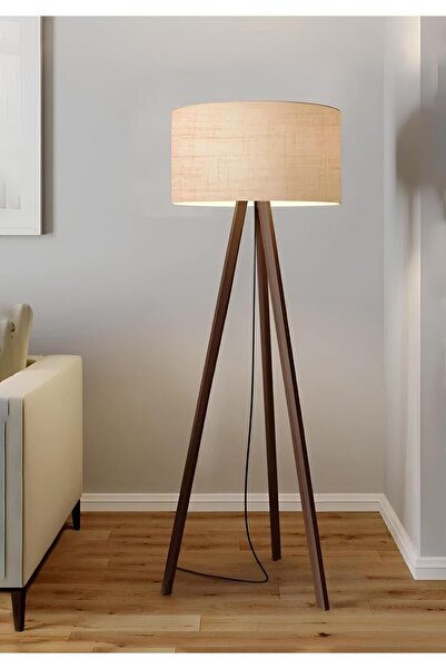 HOMİNG Çöl Beji Yuvarlak Kumaş Silindir Başlık Ahşap Üç Ayaklı Lambader Ayd-2581