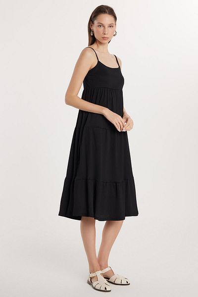 Tudors Γυναικείο Slim Fit Slim Fit Slim Strap U-Neck Midi Μαύρο Φόρεμα
