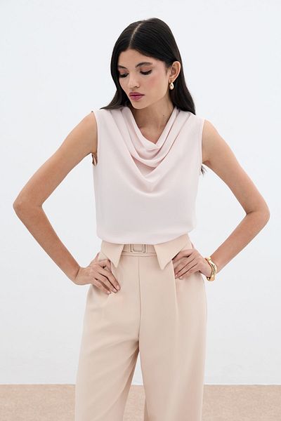 Sateen Flounce Collar Sleeveless Blouse - Powder