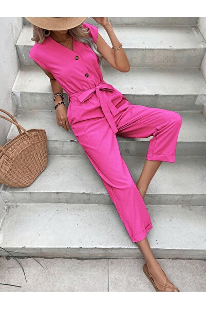 Toridas Keten Kadın V Yaka Tek Sıra Düğmeli Kolsuz Fuşya Tulum