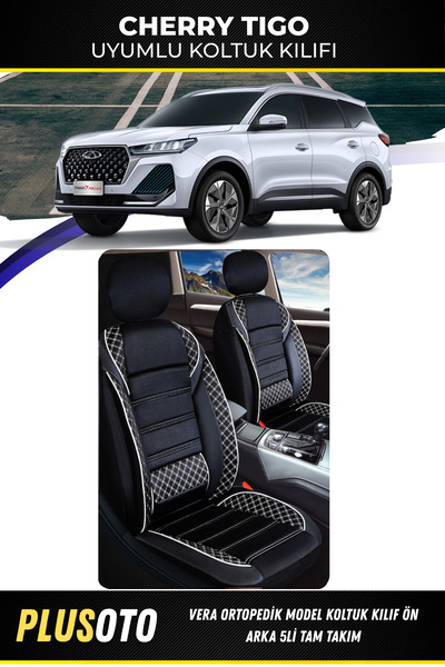 PlusOto مجموعة أغطية مقاعد السيارة باللون البيج المتوافقة مع سلسلة Vera من Chery Tiggo مكونة من 5 قطع M-02