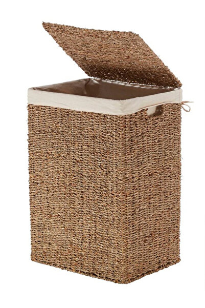 Bahçem سلة غسيل بغطاء من القش مبطنة بالعشب البحري/سلة تخزين منسوجة يدويًا