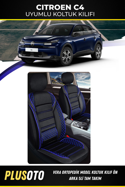 PlusOto مجموعة غطاء مقعد السيارة Citroen C4 المتوافقة مع Vera Series باللون ا...